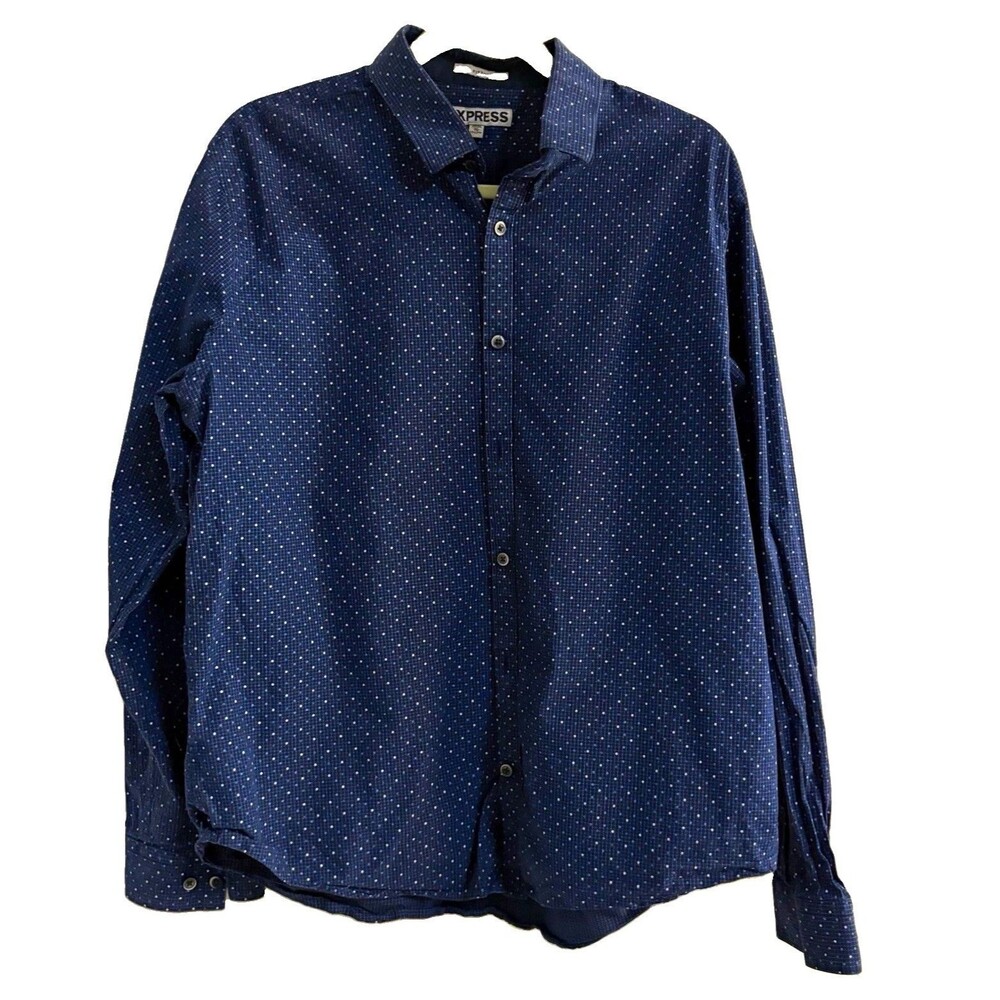 Express Men's Fitted Dress Shirt XL 17-17 1/2 Blue/White Polka Dot LS